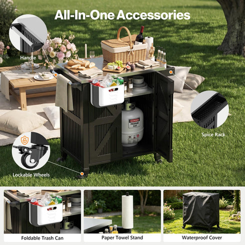 TTGIEET Outdoor Grill Cart with Storage Cabinet, Portable BBQ Prep Station Table Stainless Steel Top, Black with Spice Rack & Waterproof Cover