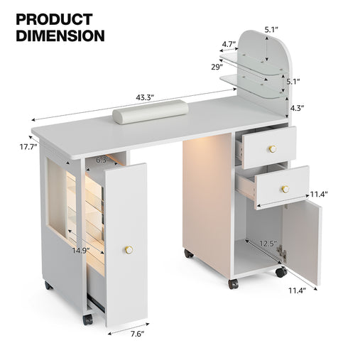 TTGIEET Nail Desk for Nail Tech with Lockable Wheels, Rolling Manicure Table w/LED Light Display Cabinet , Storage Drawers, Dust Collector, Wrist Rest for Beauty Salon, Spa & Home