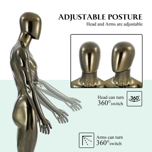 Full-Body Male Mannequin Matte Golden, 6 FT Plastic Man Manequins Stand with Metal Base, Adjustable Head, Flexible Limbs and Detachable Design, Perfect for Clothing Stores