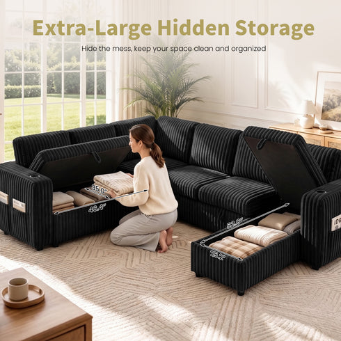TTGIEET 7-Seater U-Shaped Sectional Sleeper Sofa, Reversible Pull-Out Sofa Bed with Storage & Cup Holders, Corduroy Couch for Living Room