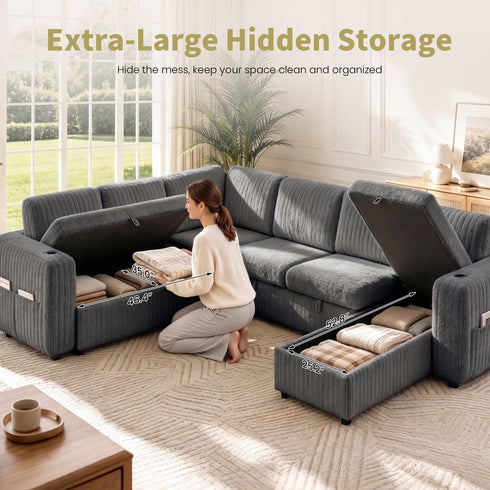 TTGIEET 7-Seater U-Shaped Sectional Sleeper Sofa, Reversible Pull-Out Sofa Bed with Storage & Cup Holders, Corduroy Couch for Living Room