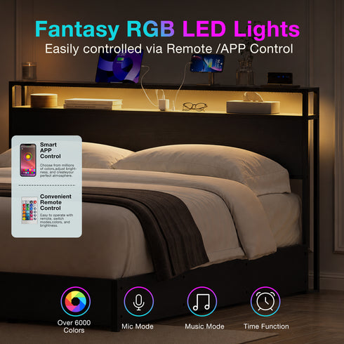 TTGIEET King Size Storage Headboard with LED Lights & Charging Station - Industrial Metal and Wood King Headboard Only for Bedroom, Attach Frame, Easy Assembly - Black