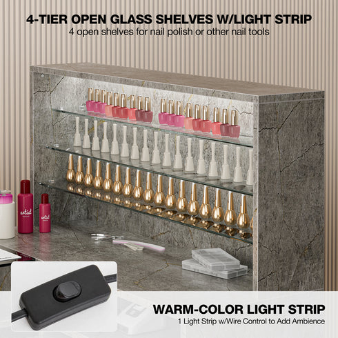 TTGIEET Manicure Table with LED Light, L-Shaped Glass Top Nail Tech Table w/2 Storage Shelves, Upwards Cabinet Door, Corner Nail Station w/3 Drawers & Wrist Cushion