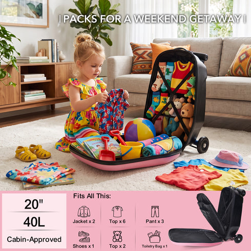 TTGIEET Kids Scooter Luggage, 20 Inch Foldable Ride-On Suitcase with LED Wheels, 40L Capacity, Adjustable Handlebar