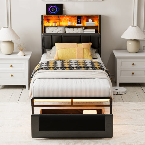 TTGIEET Twin XL Upholstered Bed Frame w/ Storage Headboard, Drawer, Charging & LED, Dark Grey, No Box Spring
