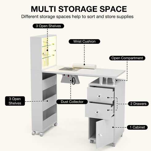 TTGIEET Manicure Table with LED Light, Glass Shelf Door Nail Desk with Dust Collector & Storage Shelves, Nail Tech Table with 2 Drawers & Cabinet for Technician Workstation