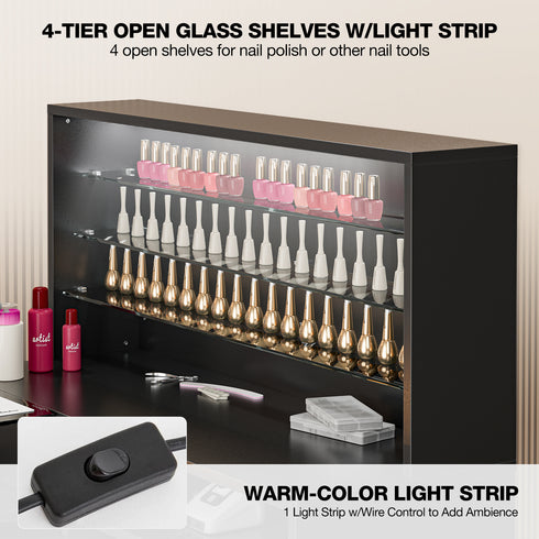 TTGIEET Manicure Table with LED Light, L-Shaped Glass Top Nail Tech Table w/2 Storage Shelves, Upwards Cabinet Door, Corner Nail Station w/3 Drawers & Wrist Cushion