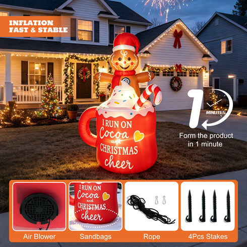 TTGIEET 6FT Inflatable Gingerbread Man in Hot Cocoa Mug with 6 LED Lights – Outdoor Christmas Yard Decoration for Garden, Lawn & Holiday Parties