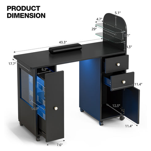 TTGIEET Nail Desk for Nail Tech with Lockable Wheels, Rolling Manicure Table w/LED Light Display Cabinet , Storage Drawers, Dust Collector, Wrist Rest for Beauty Salon, Spa & Home