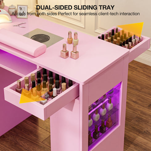 TTGIEET Nail Desk for Nail Tech with Lockable Wheels, Rolling Manicure Table w/LED Light Display Cabinet , Storage Drawers, Wrist Cushion for Beauty Salon, Spa & Home