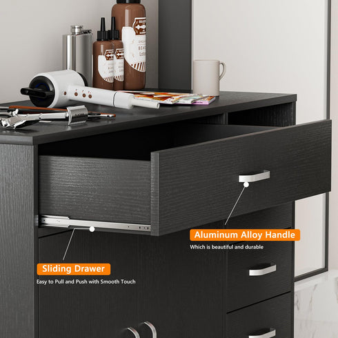 TTGIEET 5-Drawers Salon Furniture Salon Storage Station, Free Standing Cabinet for Hair Stylist, Beauty Spa Furniture w/1 Large Capacity Cabinet & 1 Open Shelf, Spa Bathroom Equipment, Black