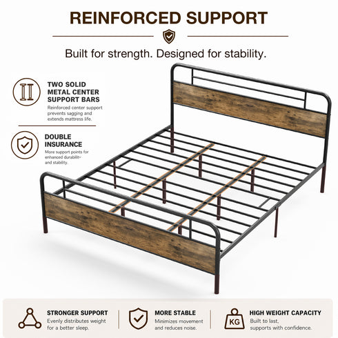 TTGIEET California King Metal Bed Frame w/Wooden Headboard, Footboard, Heavy Duty Steel Slats, Farmhouse Platform Bed Frame w/12" Under Bed Storage, No Box Spring Needed（Rustic Brown）