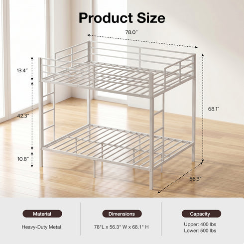 TTGIEET Full Metal Bunk Bed Frame w/ LED & USB Ports, Dual Guardrails, 2 Ladders, Heavy-Duty