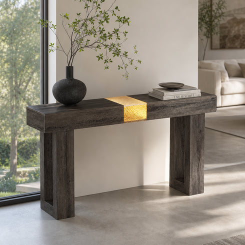 TTGIEET Wooden Console Table with Light, 60-Inch Farmhouse Entryway Table for Entrance, Sofa Table Behind Couch for Living Room