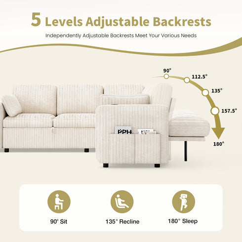TTGIEET 5-Seater L-Shaped Reversible Sectional Sleeper Sofa, Pull-Out Sofa Bed with Storage & Cup Holders & Adjustable Backrest, Corduroy Couch for Living Room