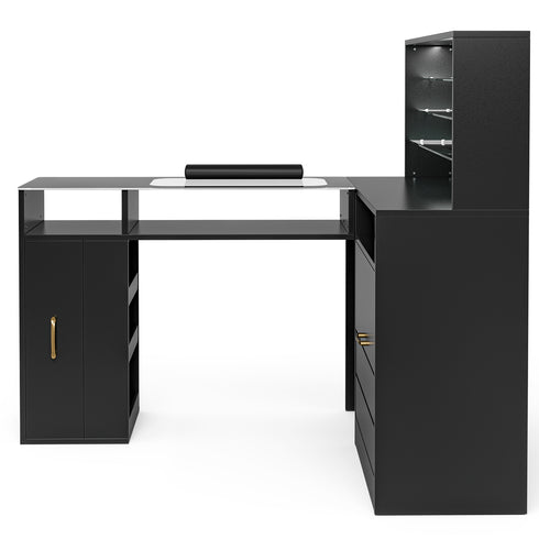 TTGIEET Manicure Table with LED Light, L-Shaped Glass Top Nail Tech Table w/2 Storage Shelves, Upwards Cabinet Door, Corner Nail Station w/3 Drawers & Wrist Cushion