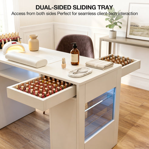 TTGIEET Nail Desk for Nail Tech with Lockable Wheels, Rolling Manicure Table w/LED Light Display Cabinet , Storage Drawers, Wrist Cushion for Beauty Salon, Spa & Home