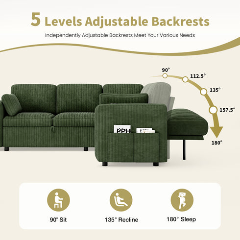 TTGIEET 5-Seater L-Shaped Reversible Sectional Sleeper Sofa, Pull-Out Sofa Bed with Storage & Cup Holders & Adjustable Backrest, Corduroy Couch for Living Room
