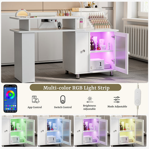 TTGIEET Manicure Table w/LED Light & Lamp, Nail Desk Nail Tech Table w/Dust Collector & Charging Station, Nail Station w/Acrylic Display Rack, Drawers & Glass Door Cabinet