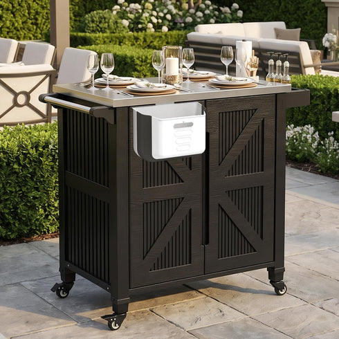 TTGIEET Outdoor Grill Cart with Storage Cabinet, Portable BBQ Prep Station Table Stainless Steel Top, Black with Spice Rack & Waterproof Cover
