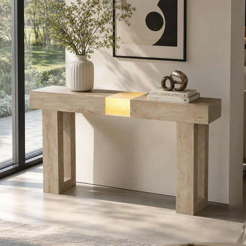 TTGIEET Wooden Console Table with Light, 60-Inch Farmhouse Entryway Table for Entrance, Sofa Table Behind Couch for Living Room