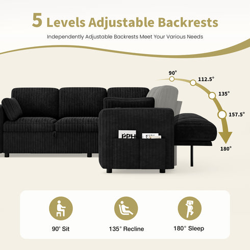TTGIEET 5-Seater L-Shaped Reversible Sectional Sleeper Sofa, Pull-Out Sofa Bed with Storage & Cup Holders & Adjustable Backrest, Corduroy Couch for Living Room