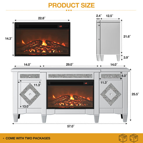 TTGIEET Mirrored TV Stand with Electric Fireplace for 65+ Inch TV, Silver Entertainment Center with Crushed Diamond Finish, Remote Control Storage Drawers for Living Room