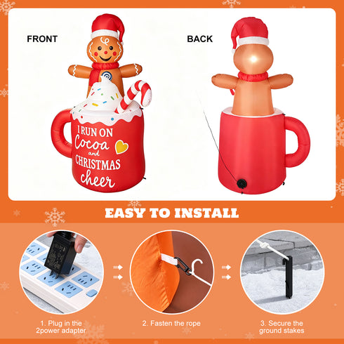 TTGIEET 6FT Inflatable Gingerbread Man in Hot Cocoa Mug with 6 LED Lights – Outdoor Christmas Yard Decoration for Garden, Lawn & Holiday Parties