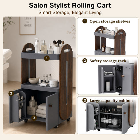 TTGIEET Salon Trolley Cart with Lockable Rolling Wheels, Esthetician Cart with Open Storage Shelves& Cabinet for Beauty Salon