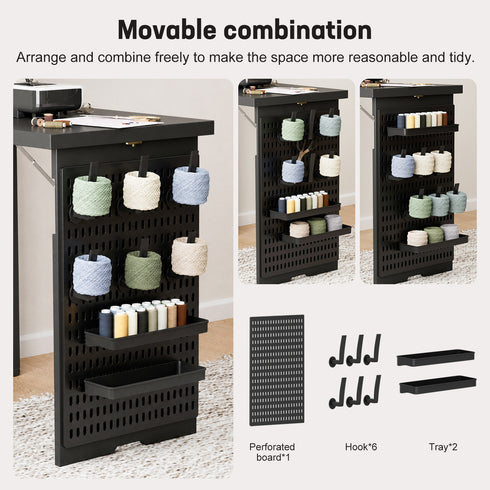 TTGIEET Foldable Sewing Table with Open Side Shelves, 3 Storage Trays& 6 Pegs, Wall-Mount Craft Station & Side Desk for Hobby & Home
