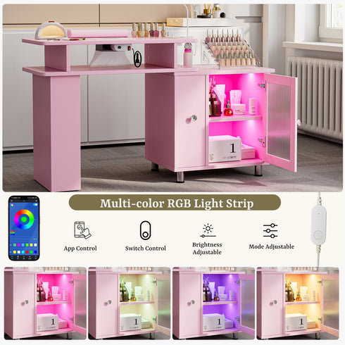 TTGIEET Manicure Table w/LED Light & Lamp, Nail Desk Nail Tech Table w/Dust Collector & Charging Station, Nail Station w/Acrylic Display Rack, Drawers & Glass Door Cabinet