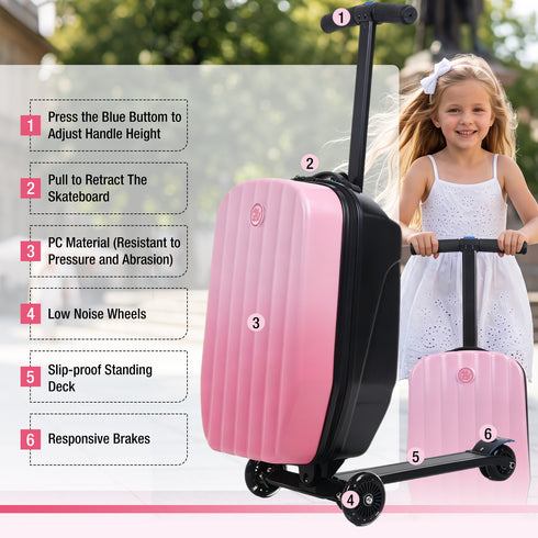 TTGIEET Kids Scooter Luggage, 20 Inch Foldable Ride-On Suitcase with LED Wheels, 40L Capacity, Adjustable Handlebar