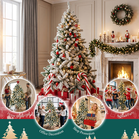 TTGIEET 6FT Pre-Lit Flocked Hinged Christmas Tree with 250 Warm Lights