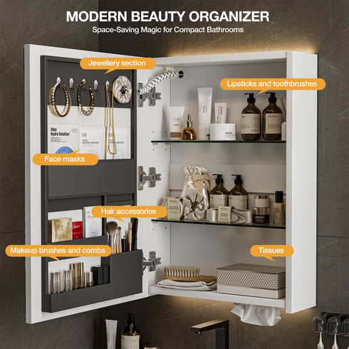 TTGIEET 18"x24" Bathroom Medicine Cabinet with Mirror and 3-Color LED Lights, Anti-Fog, Bathroom Wall Cabinet with 3-Adjustable Shelves Storage Organizer, White