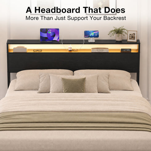 TTGIEET King Size Storage Headboard with LED Lights & Charging Station - Industrial Metal and Wood King Headboard Only for Bedroom, Attach Frame, Easy Assembly - Black