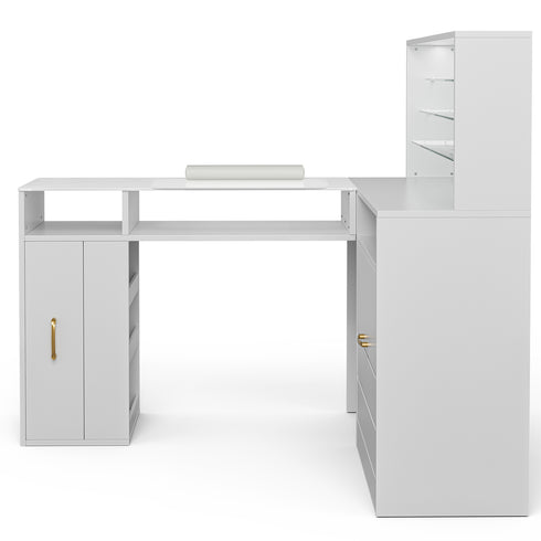TTGIEET Manicure Table with LED Light, L-Shaped Glass Top Nail Tech Table w/2 Storage Shelves, Upwards Cabinet Door, Corner Nail Station w/3 Drawers & Wrist Cushion