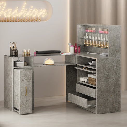 TTGIEET Manicure Table with LED Light, L-Shaped Glass Top Nail Tech Table w/2 Storage Shelves, Upwards Cabinet Door, Corner Nail Station w/3 Drawers & Wrist Cushion