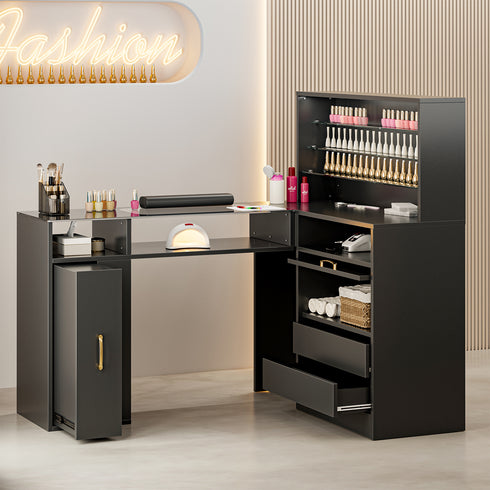 TTGIEET Manicure Table with LED Light, L-Shaped Glass Top Nail Tech Table w/2 Storage Shelves, Upwards Cabinet Door, Corner Nail Station w/3 Drawers & Wrist Cushion