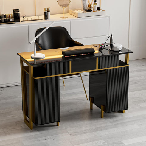TTGIEET Manicure Table for Nail Tech, Modern High Glossy Nail Desk w/Metal Frame, Nail Station w/4Drawers & 2 Cabinets, Acetone-Resistant Salon Beauty Workstation