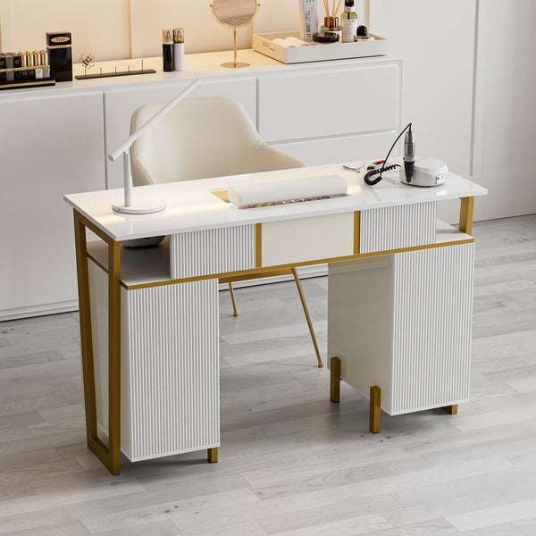 TTGIEET Manicure Table for Nail Tech, Modern High Glossy Nail Desk w/Metal Frame, Nail Station w/4Drawers & 2 Cabinets, Acetone-Resistant Salon Beauty Workstation