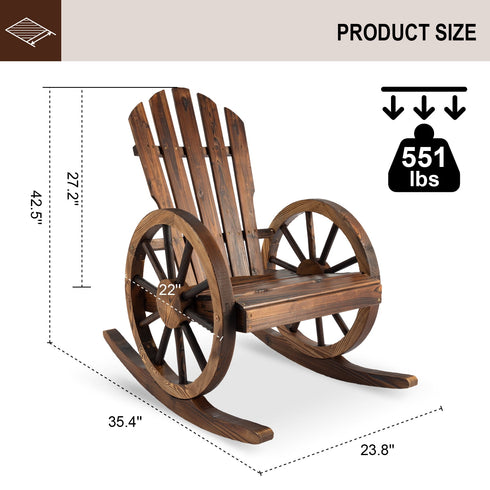 TTGIEET Set of 2 Wooden Wagon Wheel Rocking Chair, 2 PCS Outdoor Rocking Chair with Slatted Back and Wheel Armrests for Porch,Garden Lawn, Rustic Brown