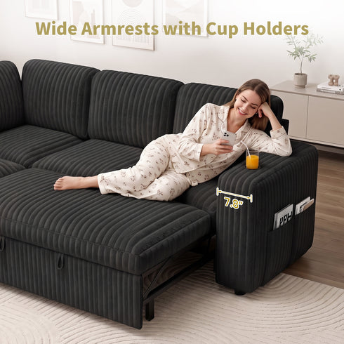 TTGIEET 5-Seater L-Shaped Reversible Sectional Sleeper Sofa, Pull-Out Sofa Bed with Storage & Cup Holders & Adjustable Backrest, Corduroy Couch for Living Room