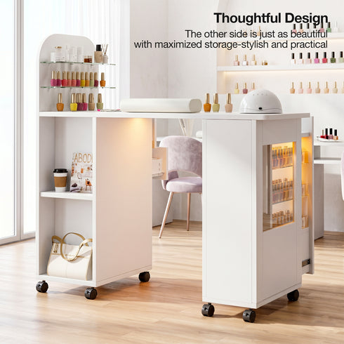 TTGIEET Nail Desk for Nail Tech with Lockable Wheels, Rolling Manicure Table w/LED Light Display Cabinet , Storage Drawers, Dust Collector, Wrist Rest for Beauty Salon, Spa & Home