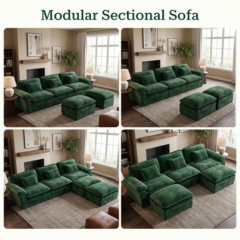 TTGIEET U-Shaped Sectional Sofa, 3-Seat Cloud Couch with 2 Reversible Ottomans, Oversized Chenille Sofa for Living Room