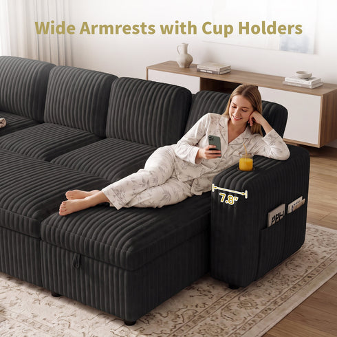 TTGIEET 7-Seater U-Shaped Sectional Sleeper Sofa, Reversible Pull-Out Sofa Bed with Storage & Cup Holders, Corduroy Couch for Living Room