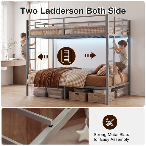 TTGIEET Full Metal Bunk Bed Frame w/ LED & USB Ports, Dual Guardrails, 2 Ladders, Heavy-Duty