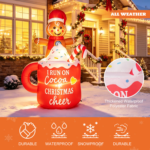 TTGIEET 6FT Inflatable Gingerbread Man in Hot Cocoa Mug with 6 LED Lights – Outdoor Christmas Yard Decoration for Garden, Lawn & Holiday Parties