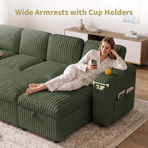 TTGIEET 7-Seater U-Shaped Sectional Sleeper Sofa, Reversible Pull-Out Sofa Bed with Storage & Cup Holders, Corduroy Couch for Living Room