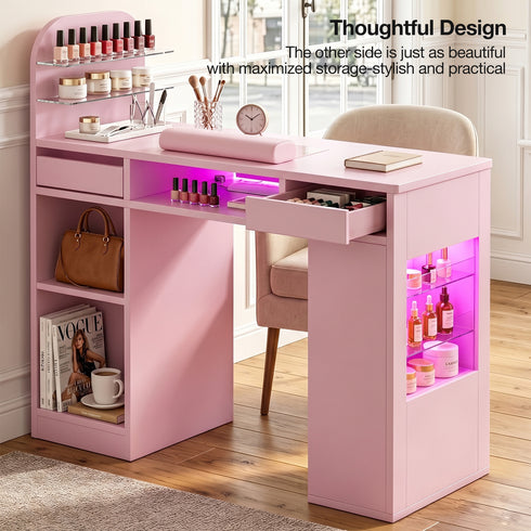 TTGIEET Nail Desk for Nail Tech with Lockable Wheels, Rolling Manicure Table w/LED Light Display Cabinet , Storage Drawers, Wrist Cushion for Beauty Salon, Spa & Home