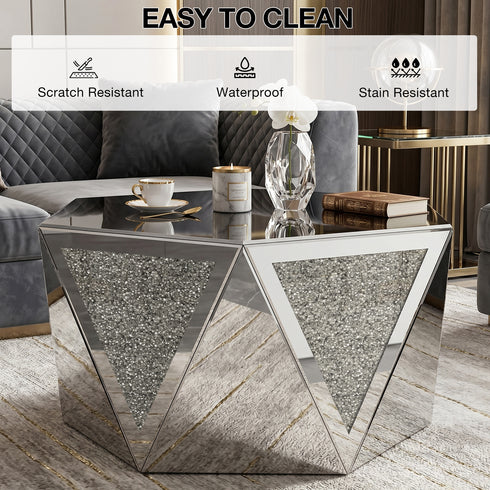 TTGIEET Hexagon Diamond Mirror Coffee Table, Crushed Diamond Finish Art Deco Luxury Centerpiece for Living Room